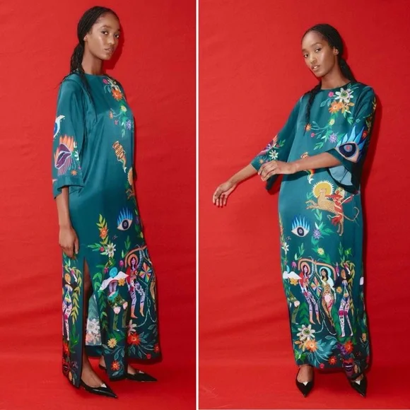 Alemais Agatha Printed Graphic Maxi Midi Slit Belted Dark Green Dress size US 6 - Picture 3 of 15